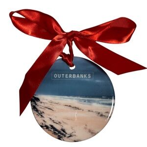 Outerbanks North Carolina Beach Ocean Scene Red Bow Porcelain Christmas Ornament